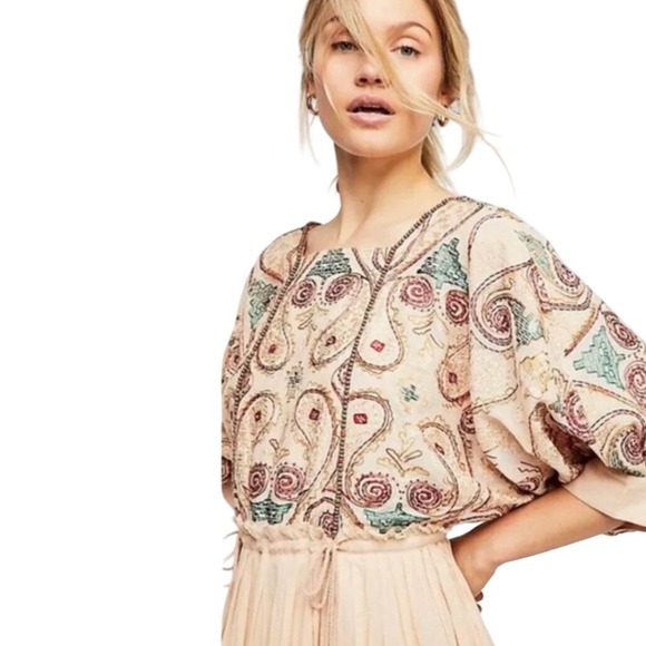 Free People S Mesa Embroidered Cut-Out Midi Dress Beaded Tassels Bohemian Boho - Picture 4 of 16